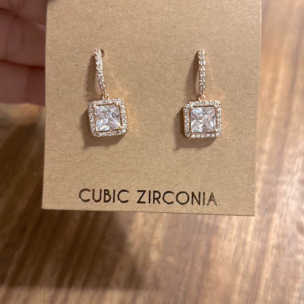 Rose gold square halo drop earrings